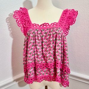 ANTHROPOLOGIE Let Me Be Layered Ruffle Tiered Pink Floral Eyelet Swing Top